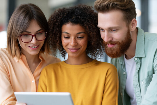 Three friends focus on a tablet together. Their smiles show joy and shared interest. They lean in, eyes bright with curiosity. This image captures teamwork and connection. Perfect for workplace