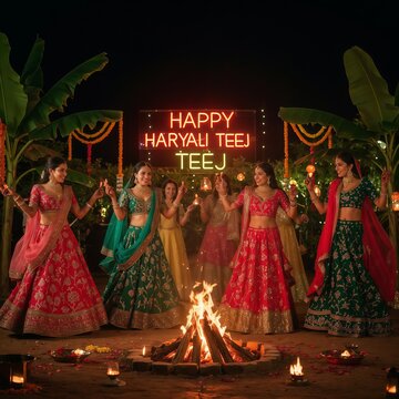 Hariyali Teej Women Celebrating Around Bonfire at Night
