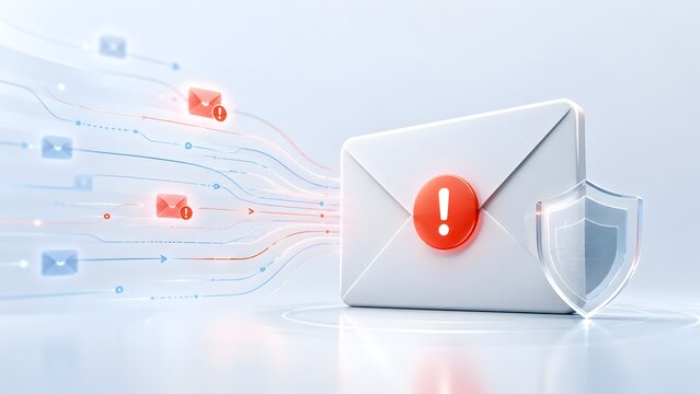 Digital email security concept displaying incoming warning messages being protected by a glossy shield, symbolizing defense against online threats and cyber attacks.