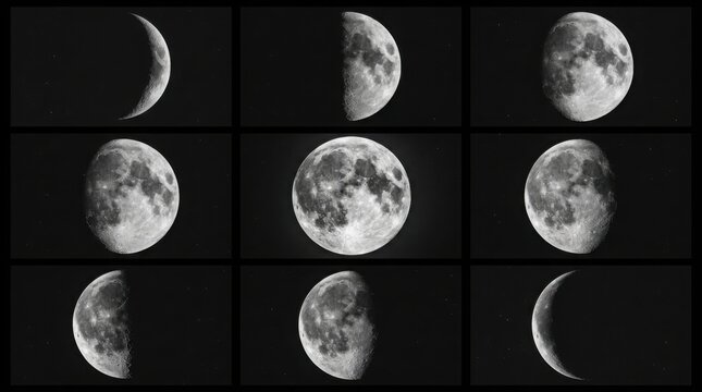 Moon phases cycle in black and white. Lunar progression showing different celestial stages.