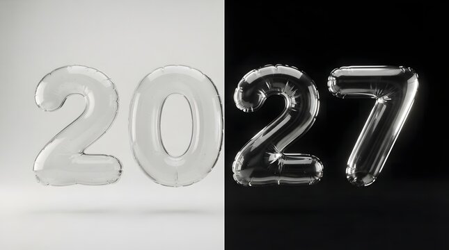 Transparent glass balloon numerals forming two thousand twenty seven against split black white background with displays four transparent floating with marketing