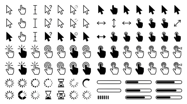 A collection of computer mouse cursor icons, hand pointers, and loading symbols, isolated on a white background.