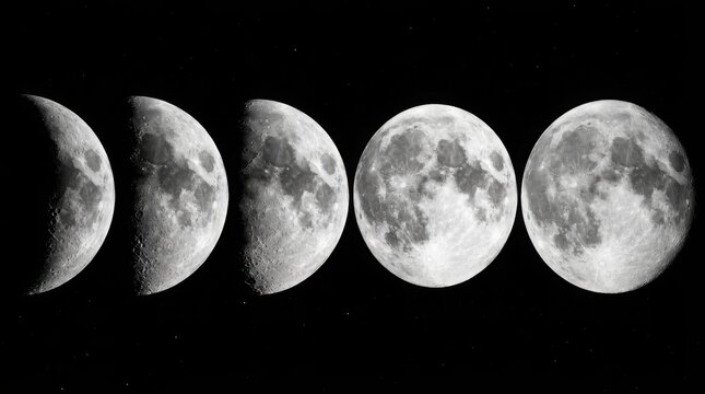 Moon phases cycle on black background. Lunar progression showing waxing gibbous to full moon.