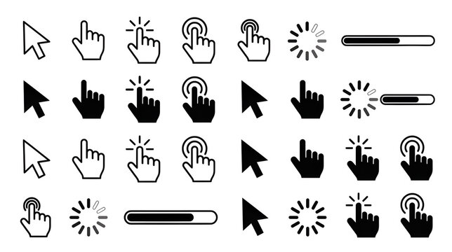 A collection of computer mouse cursor icons&mdash;click, hand pointer, and loading symbols&mdash;isolated on a white background.