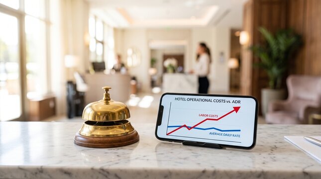 Service bell and smartphone with financial graph on reception desk
