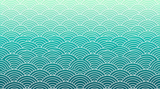 A background featuring the distinctive Japanese *seigaiha* wave pattern, transitioning smoothly into a blue-green (turquoise) color gradient
