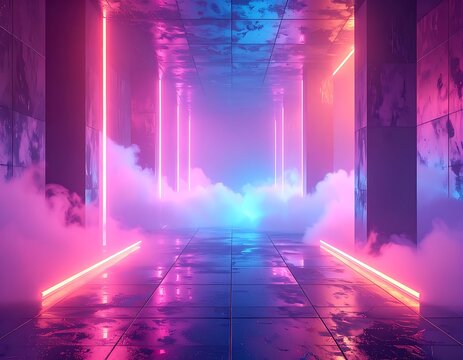 Neon lit futuristic hallway with smoke.
