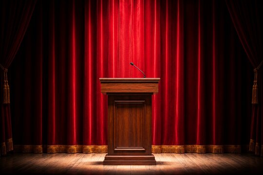 Wooden Podium on Theater Stage with Red Curtains