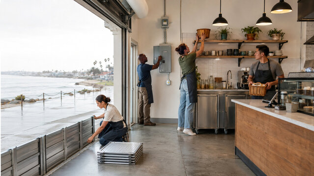 Coastal flood resilient small retail storefront close technical inspection