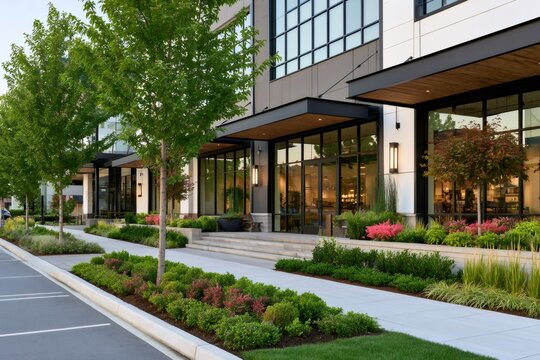Modern retail storefront with urban landscaping design