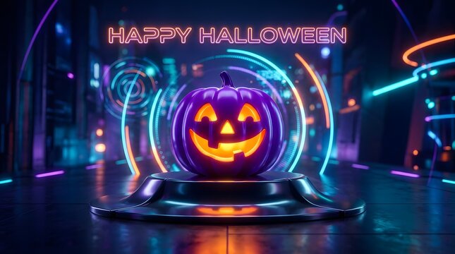 A vibrant neon glowing pumpkin centerpiece with happy halloween text for a futuristic holiday celebration background