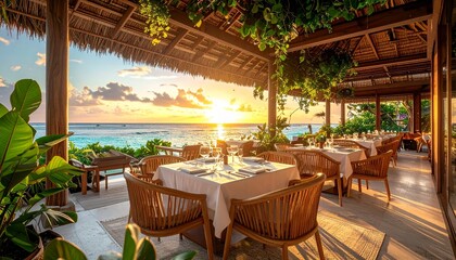 Obraz premium A luxurious tropical resort terrace overlooks crystal-clear waters at sunset, blending elegant open-air dining, lush greenery, and breathtaking ocean views for the perfect island escape.