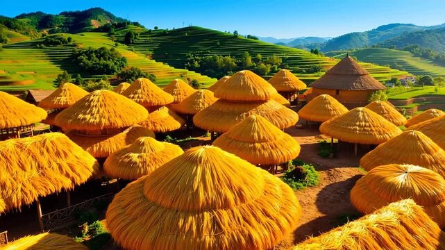 Golden Thatch Roofs of Hani Tribe in Sunlight