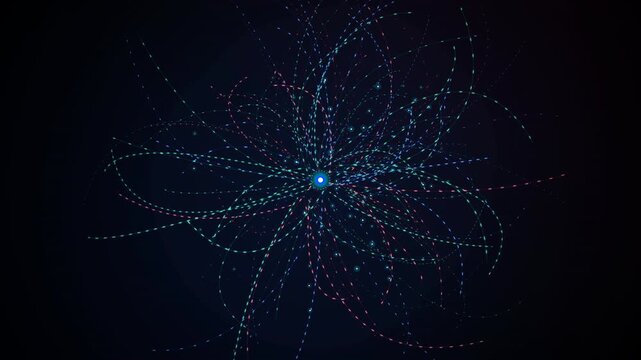 Abstract Particle Swirl: A 3D animated visualization of glowing blue and purple dotted lines swirling in a complex, spirograph-like geometric pattern against a dark background.