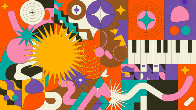 Abstract Geometric Pattern Featuring Vibrant Shapes and Musical Elements for Creative Design Projects