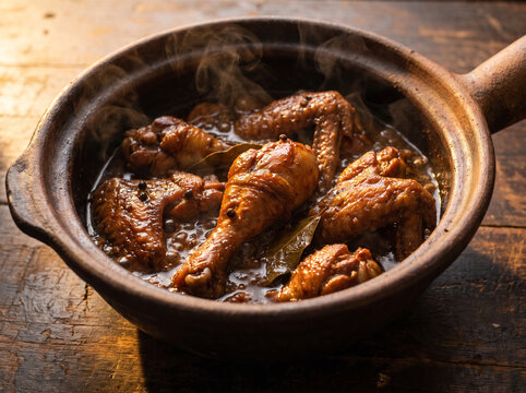 Filipino chicken adobo braised in glossy soy vinegar sauce with peppercorns and bay leaves in clay pot