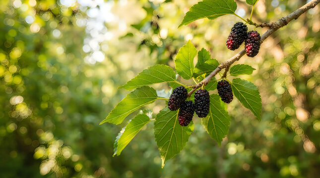A close up view of ripe dark purple mulberry fruits hanging on a green tree branch in a sunny garden during the summer harvest season