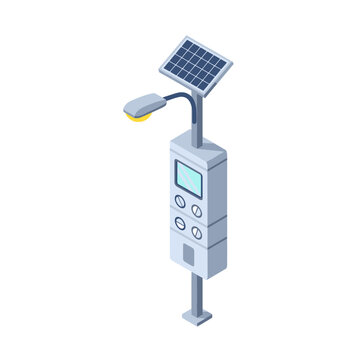 Isometric Smart Street Light with Solar Panel and Digital Interface