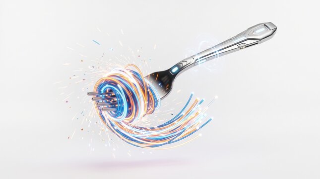 Artistic conceptual illustration of a metallic fork swirling with colorful glowing light trails and energy sparks on a white background