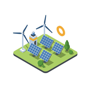 Isometric Renewable Energy Power Plant with Solar Panels and Wind Turbines
