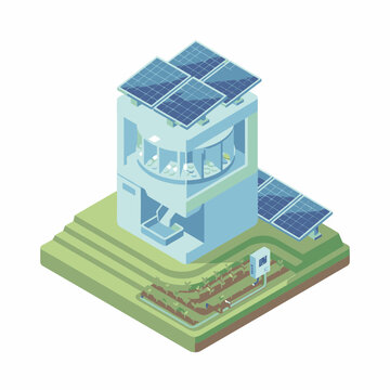 Isometric Futuristic Pharmaceutical Lab with Solar Panels and Farm