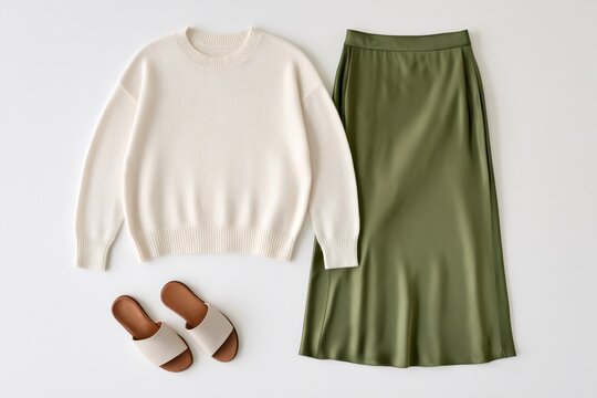 Casual fall outfit with cream knit sweater and green skirt