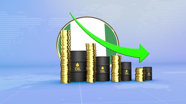Nigeria Oil Prices Decline with Oil Barrels, Gold Coins and Downward Green Arrow, 3D Economic and Financial Market Concept