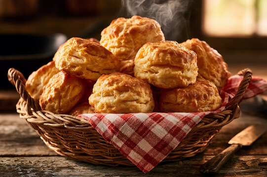 rustic wicker basket brimming with steaming buttermilk biscuits