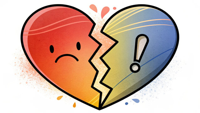 A cartoon broken heart split into two gradient halves: the left half has a sad frowning face, the right half features an exclamation mark, with tiny decorative splatters around it.

