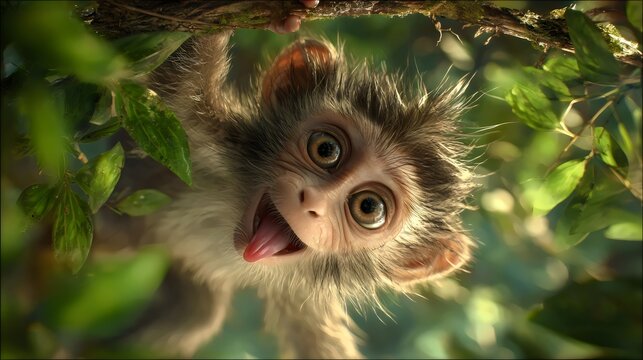 Funny baby monkey hanging in a tree. Cute primate looking down with a playful expression.