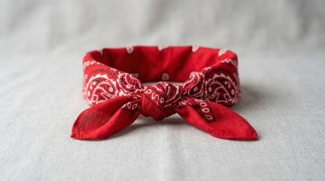 Red paisley bandana on white fabric. Classic cotton headscarf with traditional pattern.