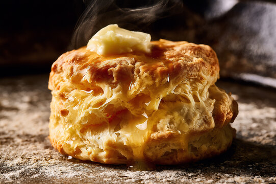 tall, split-open Southern buttermilk biscuit dripping with melted butter