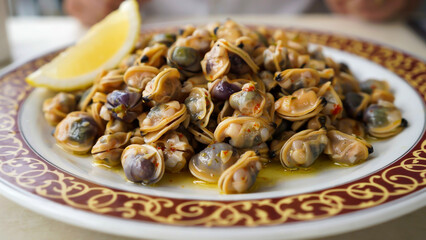 Fototapeta premium Delicious plate of freshly cooked small clams sautéed in garlic and olive oil served with a wedge of lemon