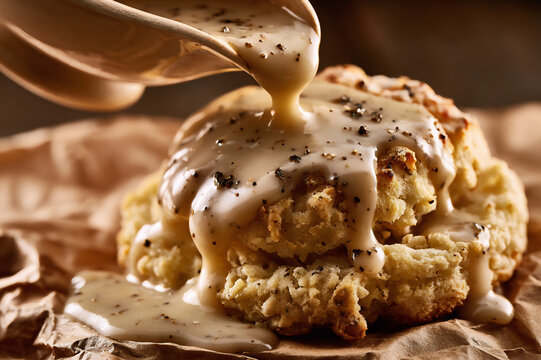 pepper gravy being poured over a warm split biscuit