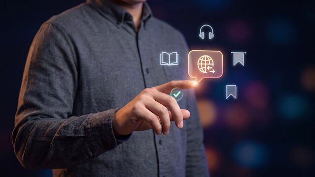 Language learning platform interface, professional tapping global translation icon with book, headphone, bookmark and approval icons for digital education and e-learning management