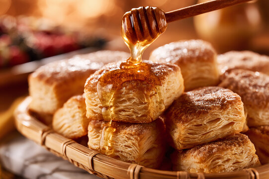 elegant basket with perfectly square cut sweet cream biscuits and honey drizzle