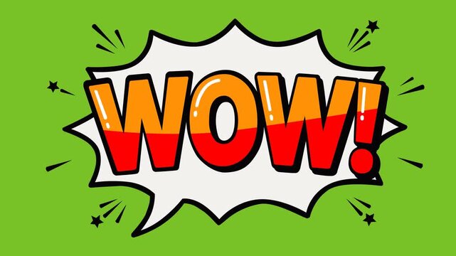 Dynamic animated WOW comic speech bubble with bold colorful lettering on a green screen background