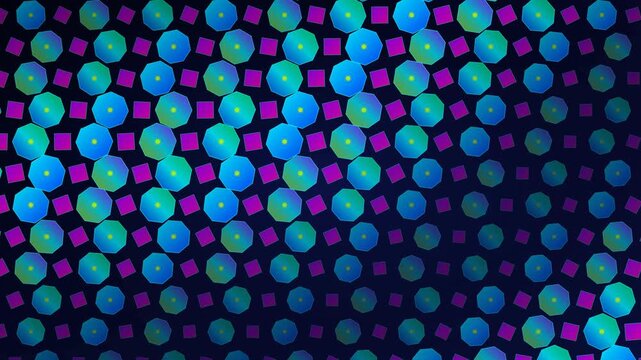 Geometric abstract motion background featuring blue octagons and magenta squares pattern.
