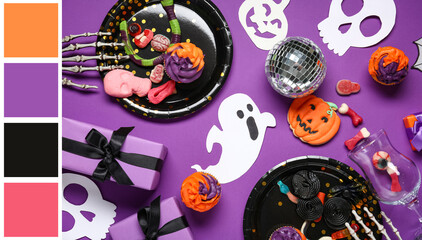 Obraz premium Halloween party decorations and treats on purple background