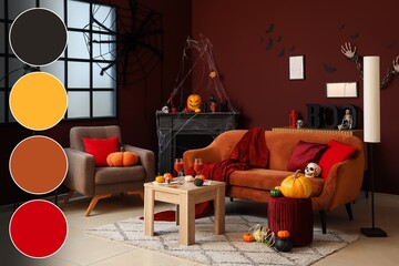 Obraz premium Halloween decorated living room with pumpkins and spooky decor