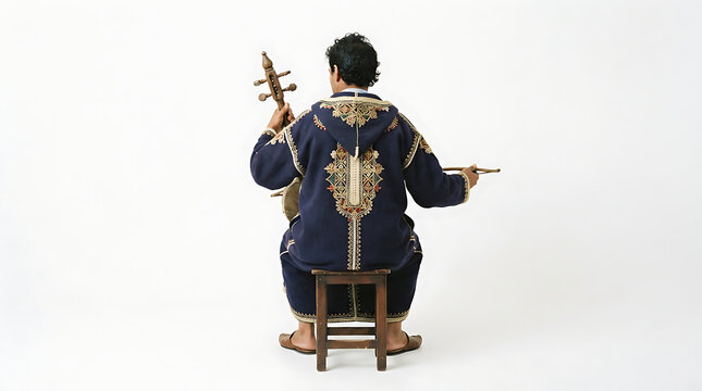 Rear view of a traditional Moroccan musician sitting on a wooden stool while playing the rebab instrument against a white background. 
