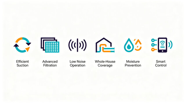 Circular airflow and filter sound waves, water droplet icon for the whole house pipeline, central dust removal core advantage, and details page for whole house purification appliances.
