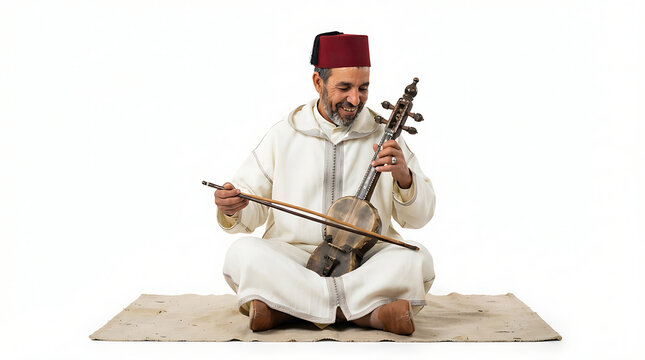 Traditional Moroccan musician in a white djellaba and red fez playing the rebab sitting on a mat. 