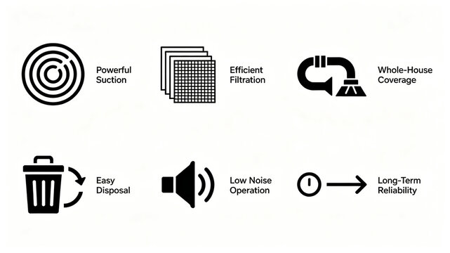 Vortex filter suction pipe garbage bin horn clock line icon, durable whole house central vacuum equipment advantage, suitable for home decoration HVAC investment materials.
