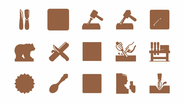 Woodworking craft icons set featuring chisels mallets and figurines