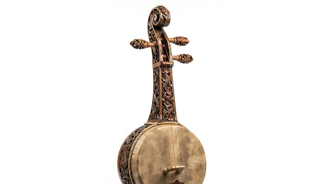 Traditional Moroccan Rebab instrument isolated on a clean white background. 