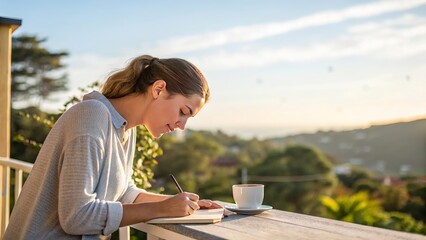 Fototapeta premium A photorealistic image shows a young woman journaling at a cozy desk, writing her thoughts in a notebook during an evening routine.