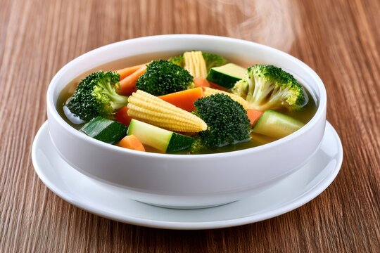 Hot vegetable soup with broccoli, carrots, and baby corn