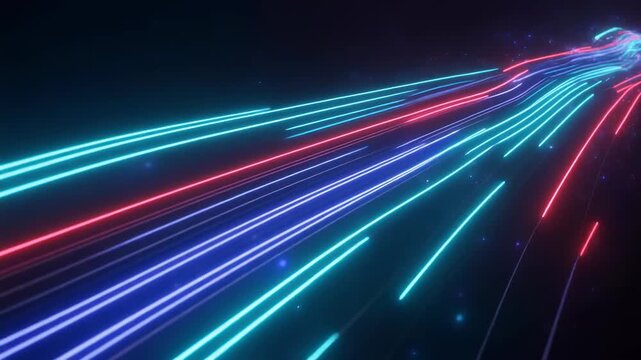Futuristic 3D motion background featuring animated neon blue, cyan, and red light lines flow