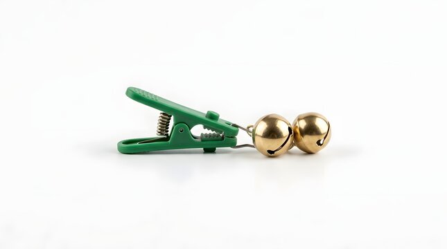 Green clothespin with golden bells on white background